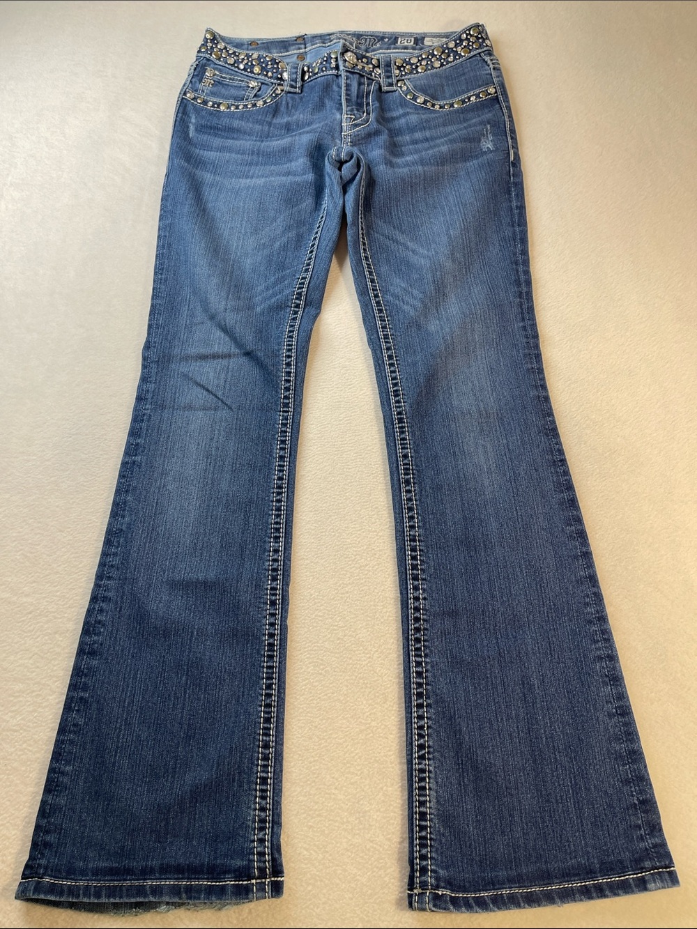 MISS ME Embellished Dark Blue Women’s Bootcut Jeans SIZE 28  LITTLE BOOT DRAG